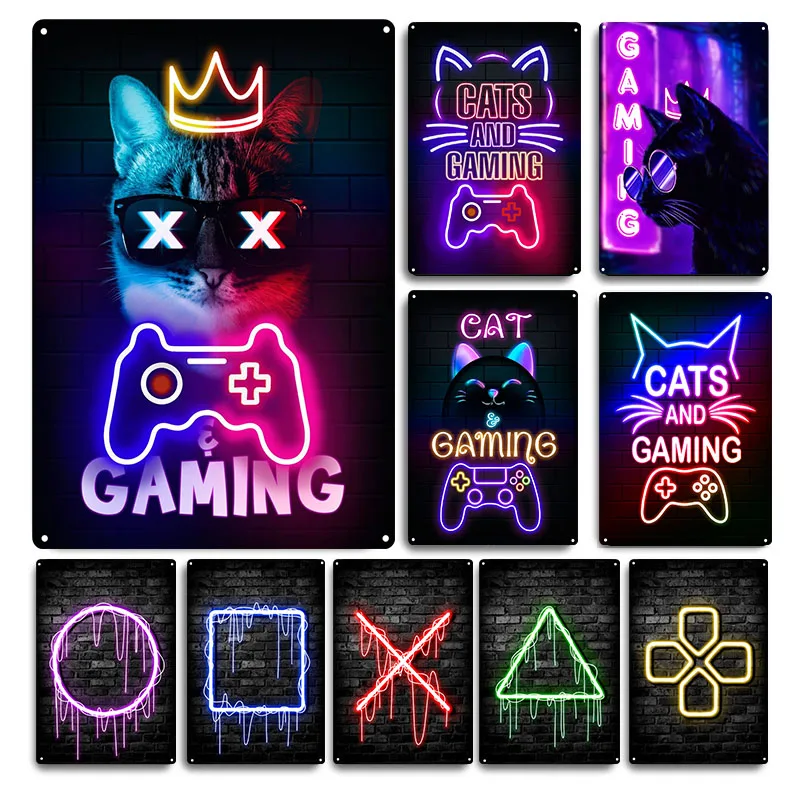 Retro Gaming Cafe - Cartel de Metal para Gaming Cat