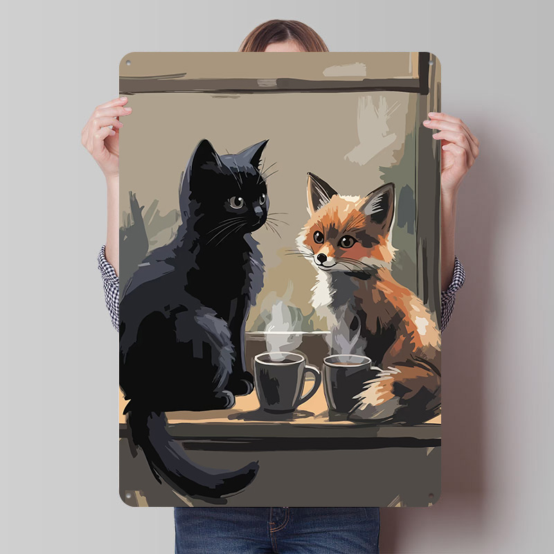 Retro Gaming Cafe - Póster Metálico Acogedor de Gato y