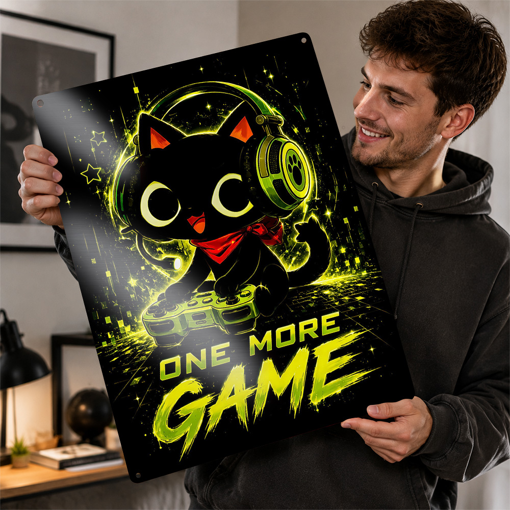 Retro Gaming Cafe - Linda Placa Metálica Decorativa de Gato