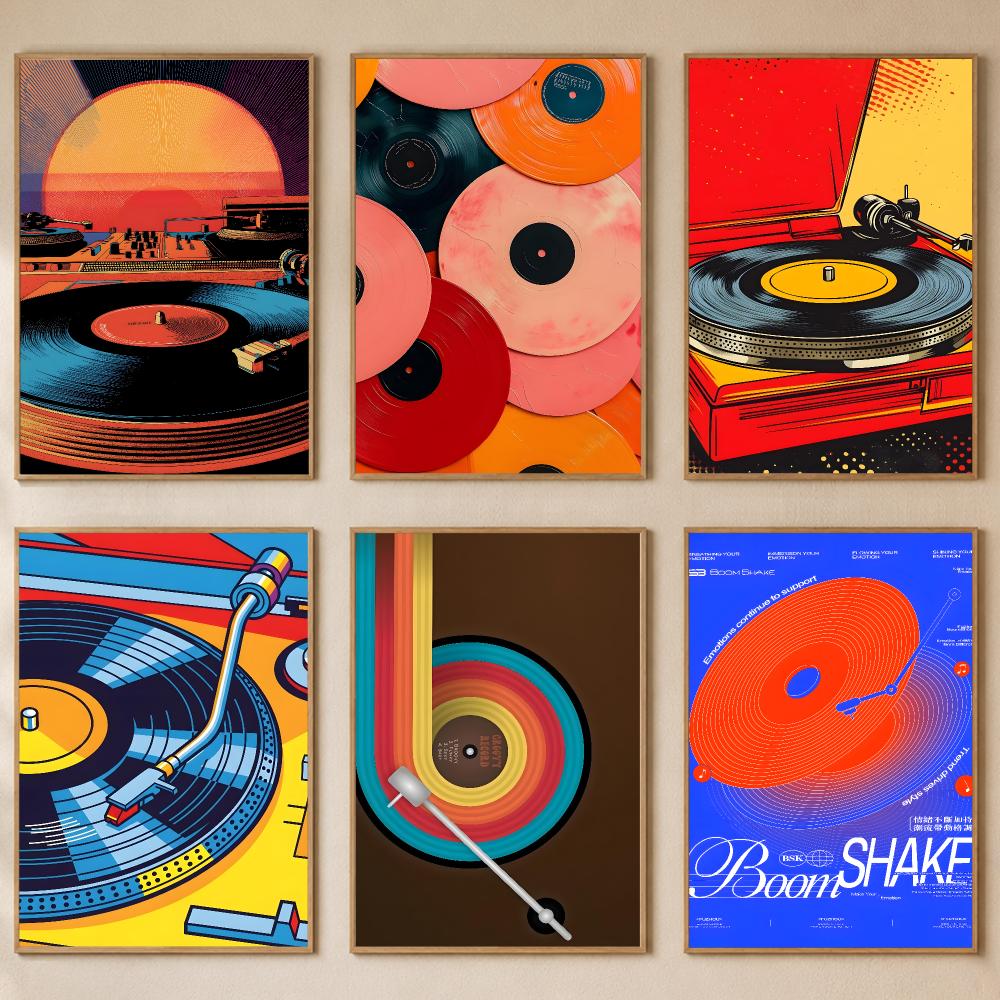 Retro Gaming Cafe - Póster Retro de Tocadiscos Colorido, Autoadhesivo